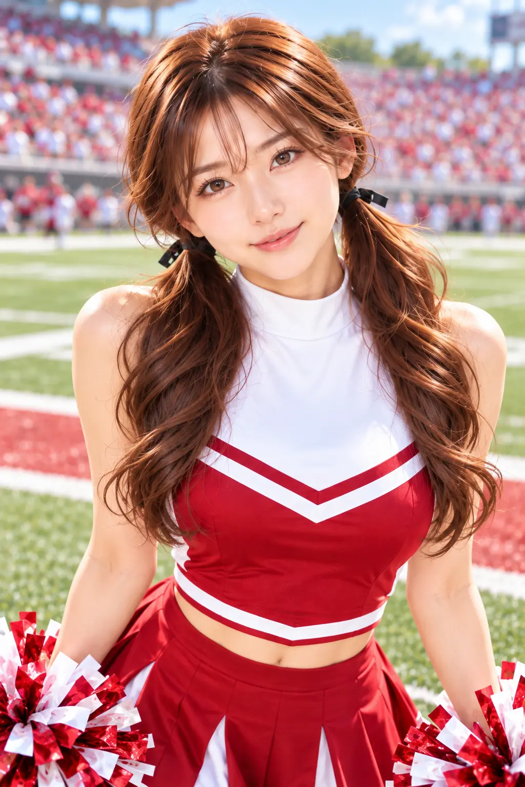 上目遣いでカメラを見つめる赤白チアガール姿の看板娘ゆき