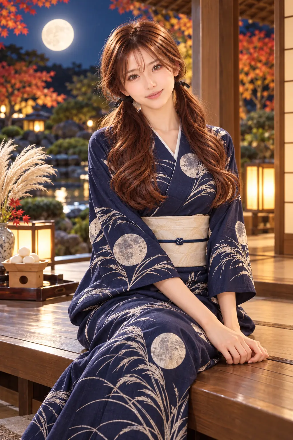 月夜に浴衣でお月見をする看板娘ゆき