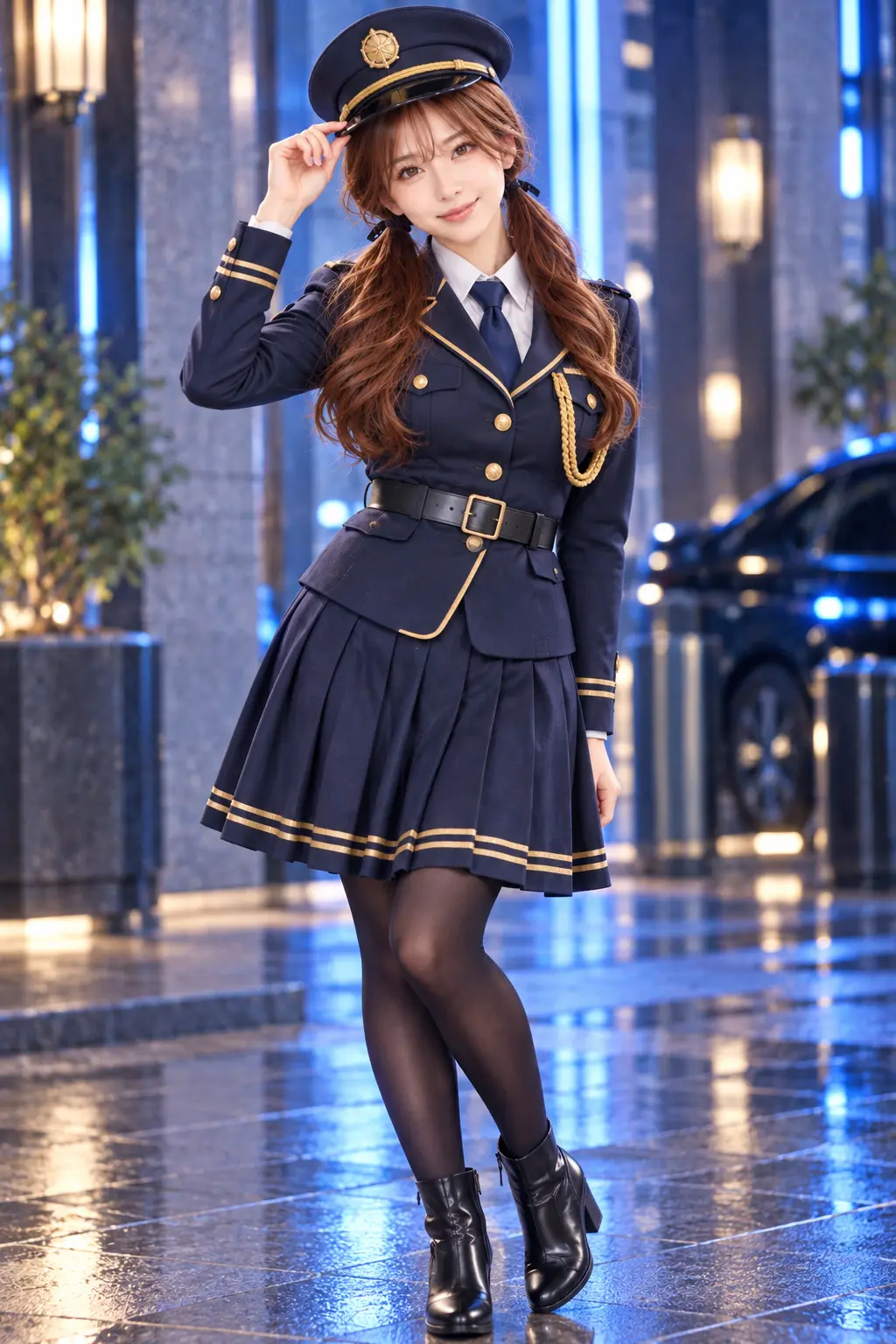 紺色の制服風ポリスコスチューム姿の看板娘ゆき